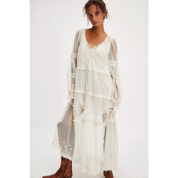 New Free People Stevie Sheer Lace Maxi Dress $228 X-SMALL Ivory Boho Embroidered - Picture 1 of 7